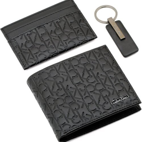 محفظه كالفن كلاين للرجال ثلاث قطع، جلد ، اسود